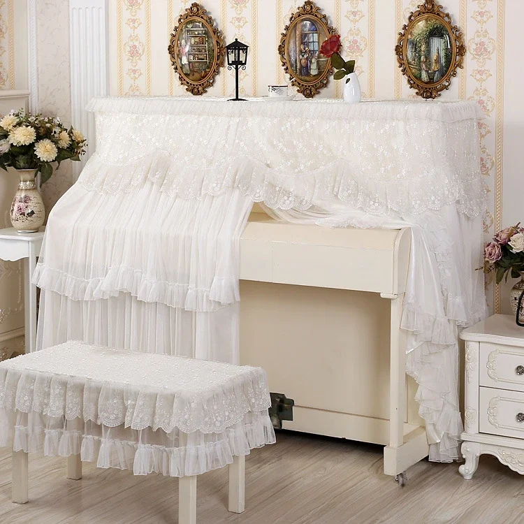 

Lace Embroidered Piano Protective Cover White Transparent Gauze Double Curtain Piano Dust Cover Ruffle Edge Piano Bench Case