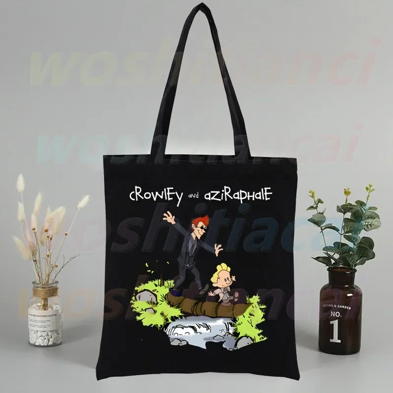 

Good Omens Large Women's Shopper Bag Canvas Tote Shoulder Bags Shopping Bag with Print Black Cloth Handbags Eco Friendly