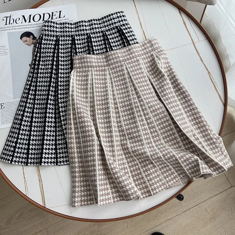 

Women Skirt Short Plaid Knitted Skirt A-Line High Waist Pleated Elegant Mini Skirt Spring Autumn Winter faldas femme jupes