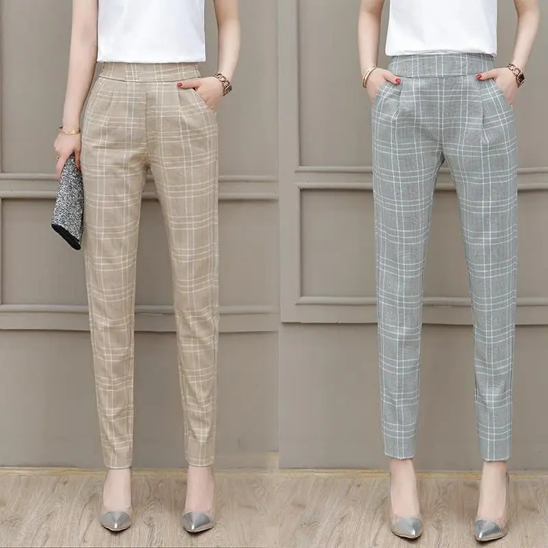 Women's 2024 Spring Autumn New Korean Thin Elastic High Waist Folds Plaid Pockets Straight Slim Small Feet Casual Harlan Pants