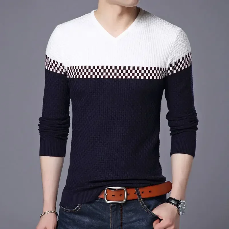 

Men's Clothing T Shirt Plaid Knit Sweater Male Pullovers V Neck Knitwears Loose Fit Heated Classic A Casual Street Order Overfit