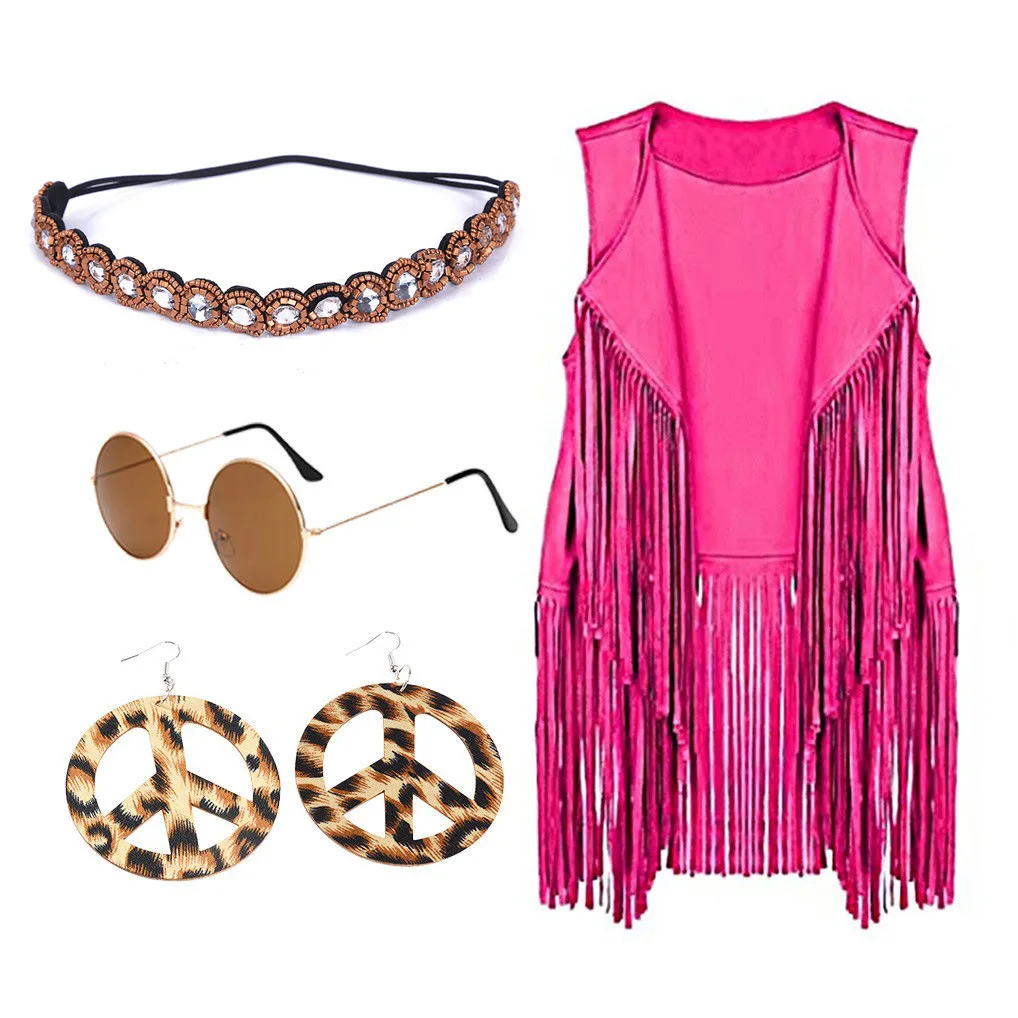 

5 Pcs 60S 70S Outfits for Women Hippie Costume Peace Sign Earring Headband Red Gray Khaki Fringe Vest Tassel Cardigan Glasses