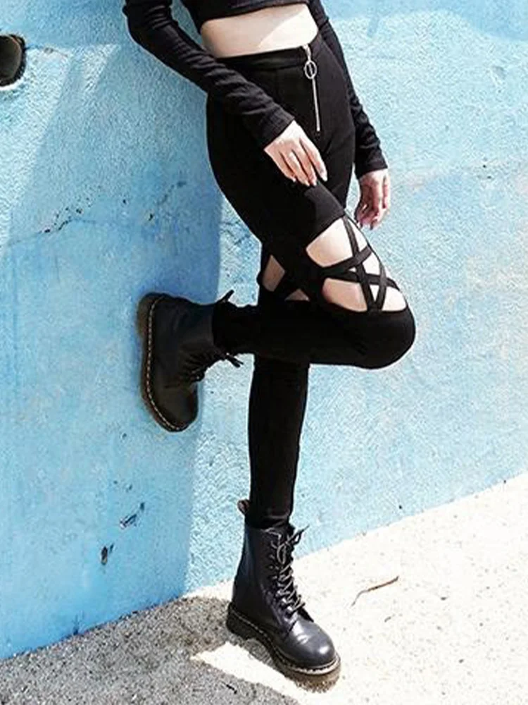 InsGoth Goth Sexy Pentagram Hollow Out Pants Y2K Harajuku Grunge Black High Waist Elastic Bodycon Trousers Punk Zipper Pants