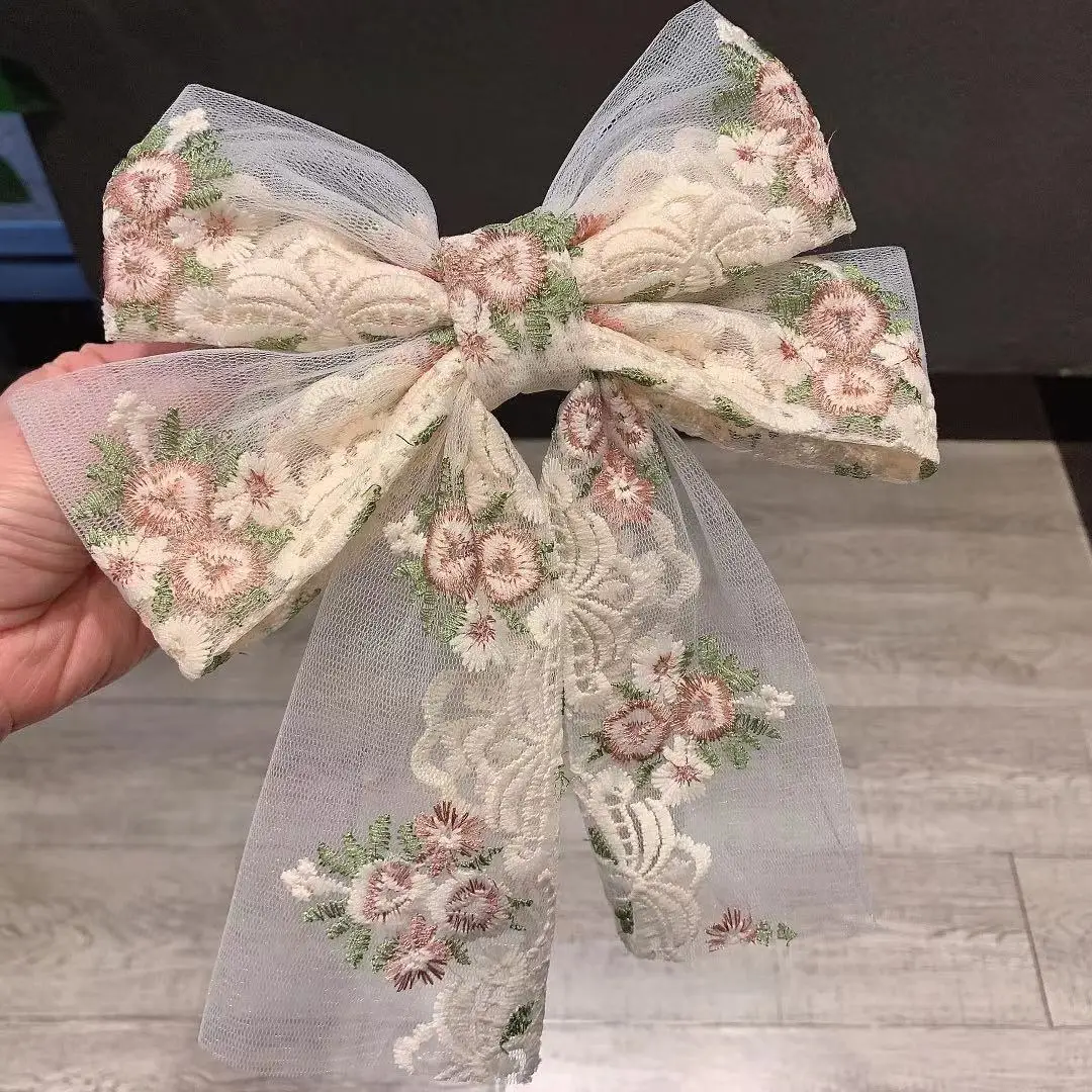 Korean Ribbon Bow Spring Barrette Hair Clips Embroidery Flower Hairpins