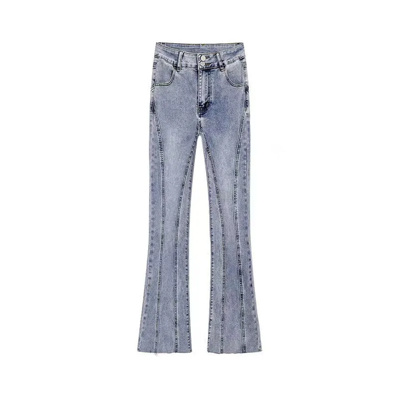Denim Planet Splicing With Double Button High Waisted Slightly Flared Jeans Women's Slim Fit Straight Leg Nostalgic Horseshoe