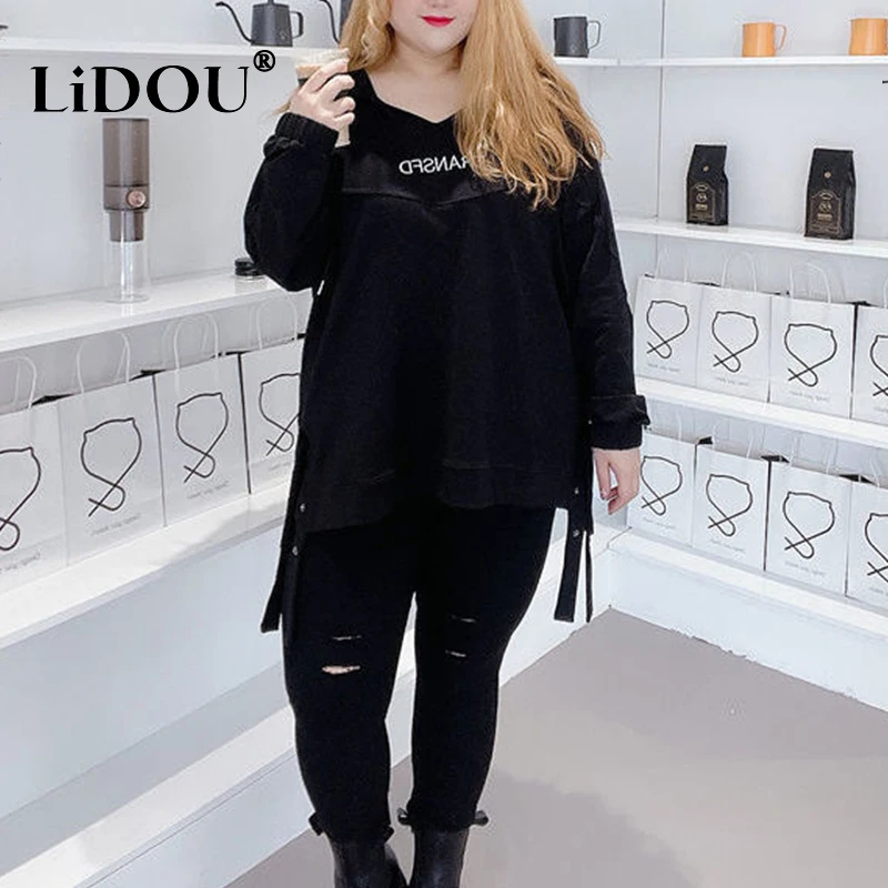 2022 Spring Autumn New Fashion Trend Plus Size Solid Hooded Female Casual Sports Style Y2k Simple Sweatshirt Oversized Top Women