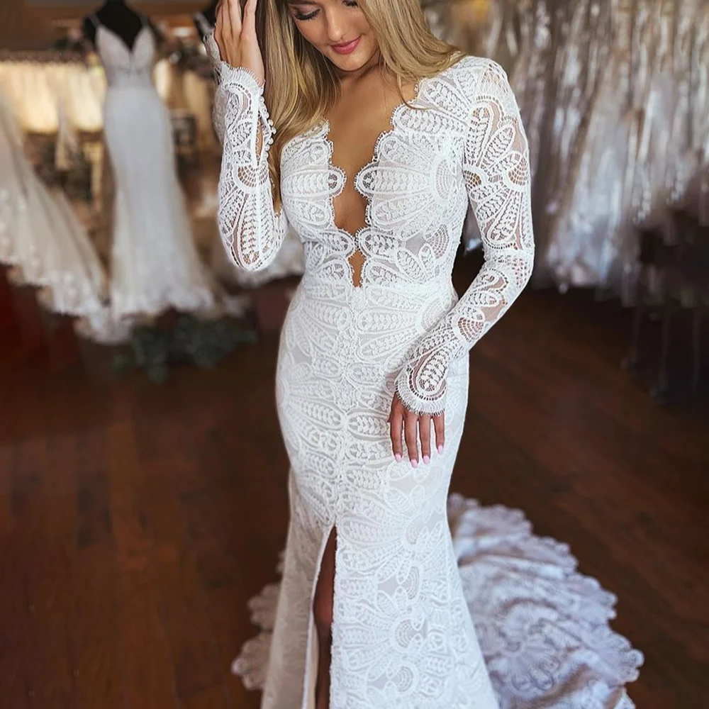 Long Sleeve Backless Mermaid Wedding Dress Plus Size Scalloped