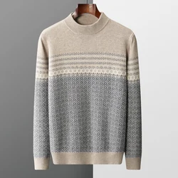 RONGYI Men's Sweater Pullover 100% Merino Wool Sweater Autumn/Winter Half High Collar Jacquard Knitting Thickened Casual Top