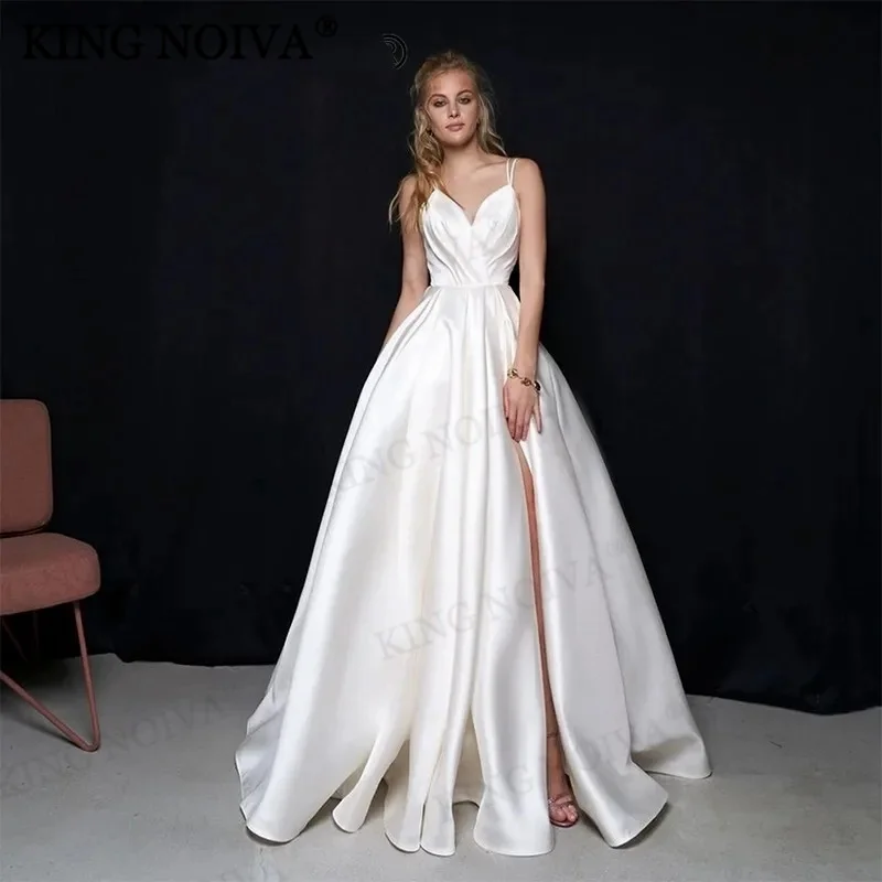 

KING V-Neck Spaghetti Strap A-Line Wedding Dresses For Woman 2024 Backless High Slit Floor Length Bride Gown Vestido De Novia