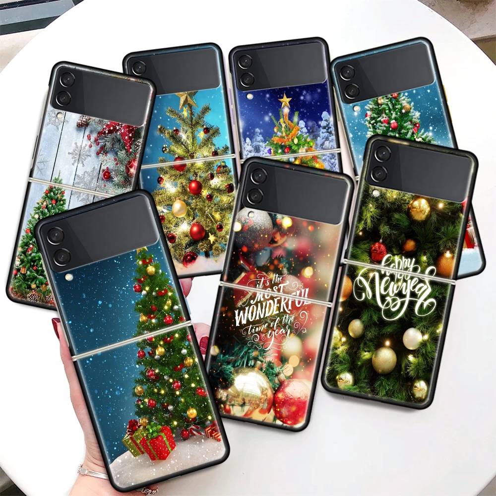Merry Christmas Tree Snow Coque Custodia Per Telefono Per Samsung Galaxy Z Flip 4 3 5 5G Black Hard Cover Zflip 5 3 4 Luxury Antiurto Bum