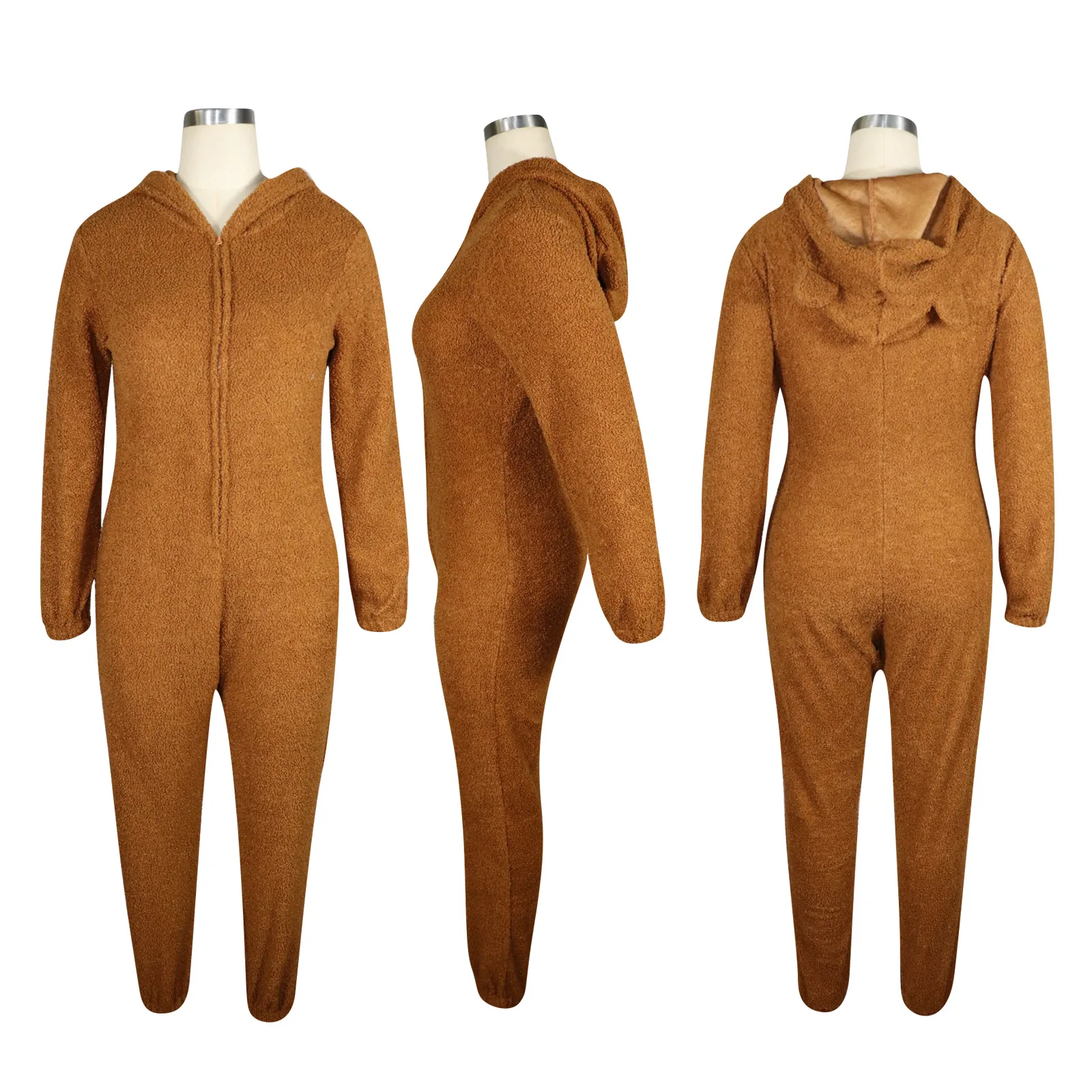 Winter Ladies Warm Clothes Plush Pajamas Jumpsuit Fashion Solid Color Zipper Women'S Plus-Size Hooded Homewear Jumpsuits