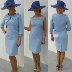 Sky Blue Short Mother Of The Bride Dresses 3/4 Sleeve vestido de madrinha Knee Length Applique Weddings Custom Prom With Jack