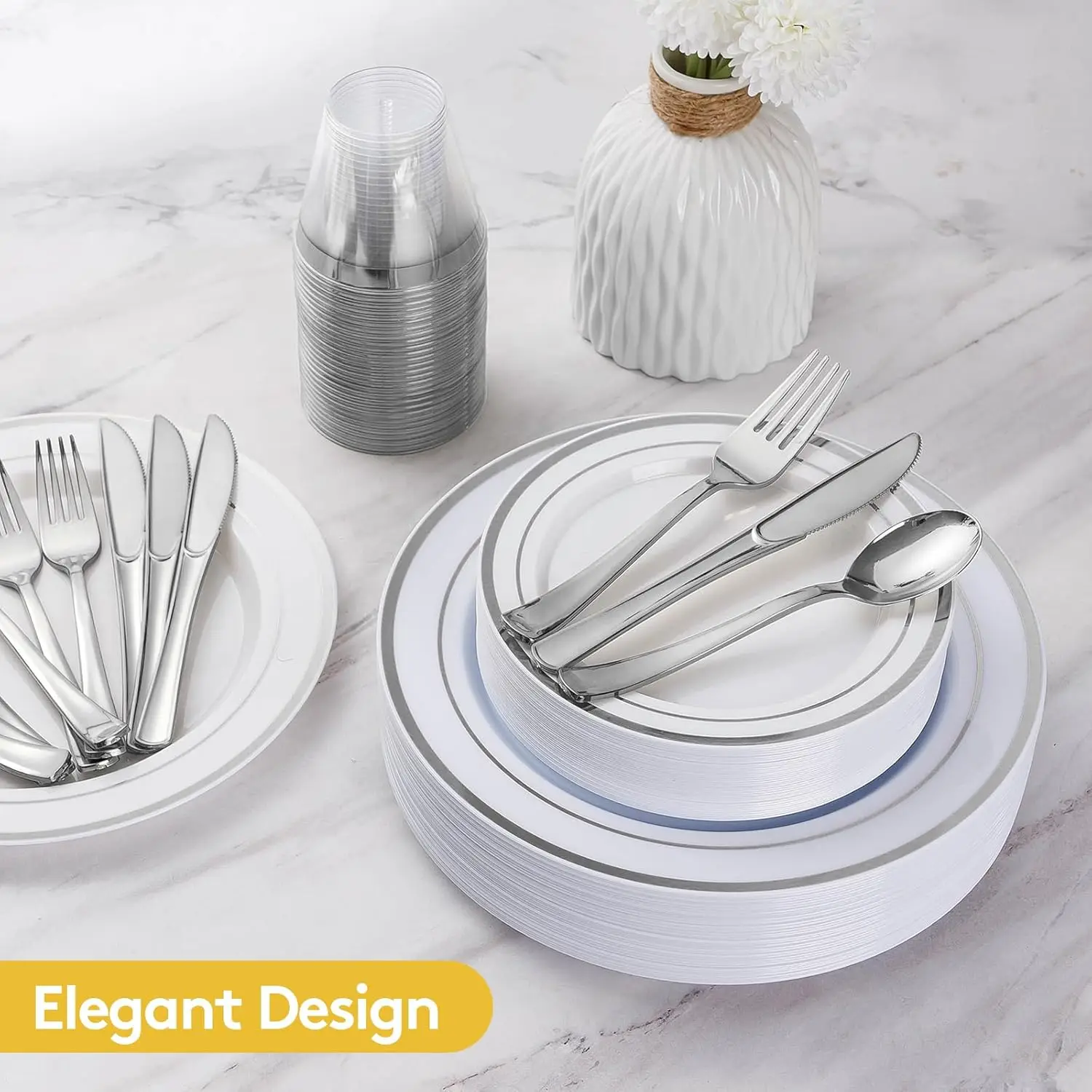 600 Piece Disposable Silver Plates for 100 Guests Plastic Dinnerware Set of 100 Dinner Plates Salad
