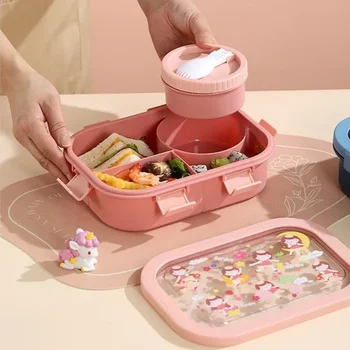 Boîte à déjeuner de dessin animé pour enfant, compartiment Portable, boîte à repas de pique-nique avec bol à soupe anti-fuite, boîte à Bento chauffante pour micro-ondes 1