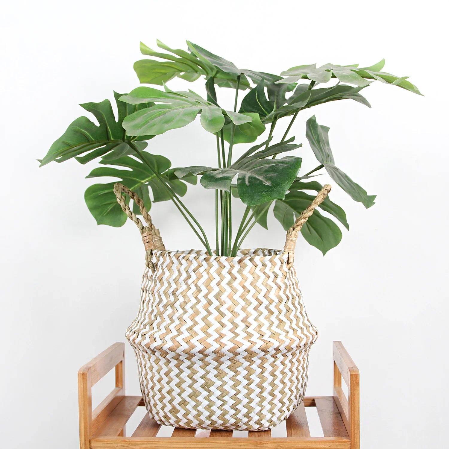 Boho Decor Striped Wicker Storage Baskets Handmade Collapsible Laundry Basket Patchwork Seaweed Flower Belly Garden Flower Pot 5