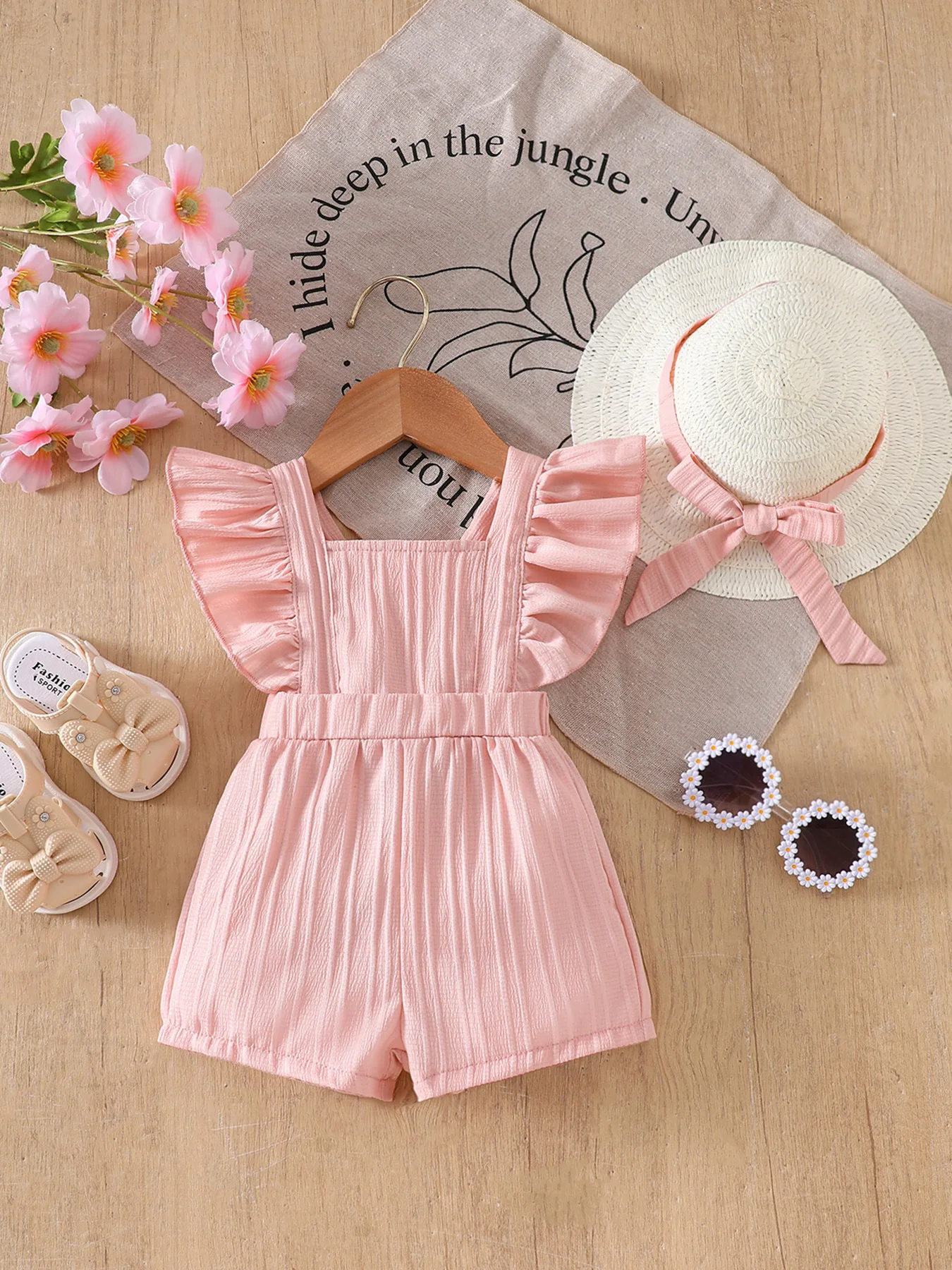 Baby Girl Summer Ruffled Romper + Straw Hat Set, Pink Sleeveless Cute Beach Vacation Outfit for Photoshoots 1