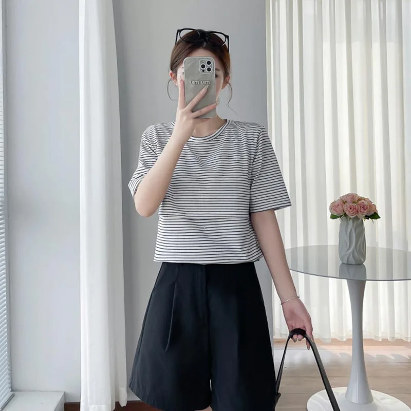 여름 출산 스트라이프 모유 수유 티셔츠 O 넥 코튼 티셔츠 산후 핫맘 수유복 티셔츠 수유 탑 티셔츠