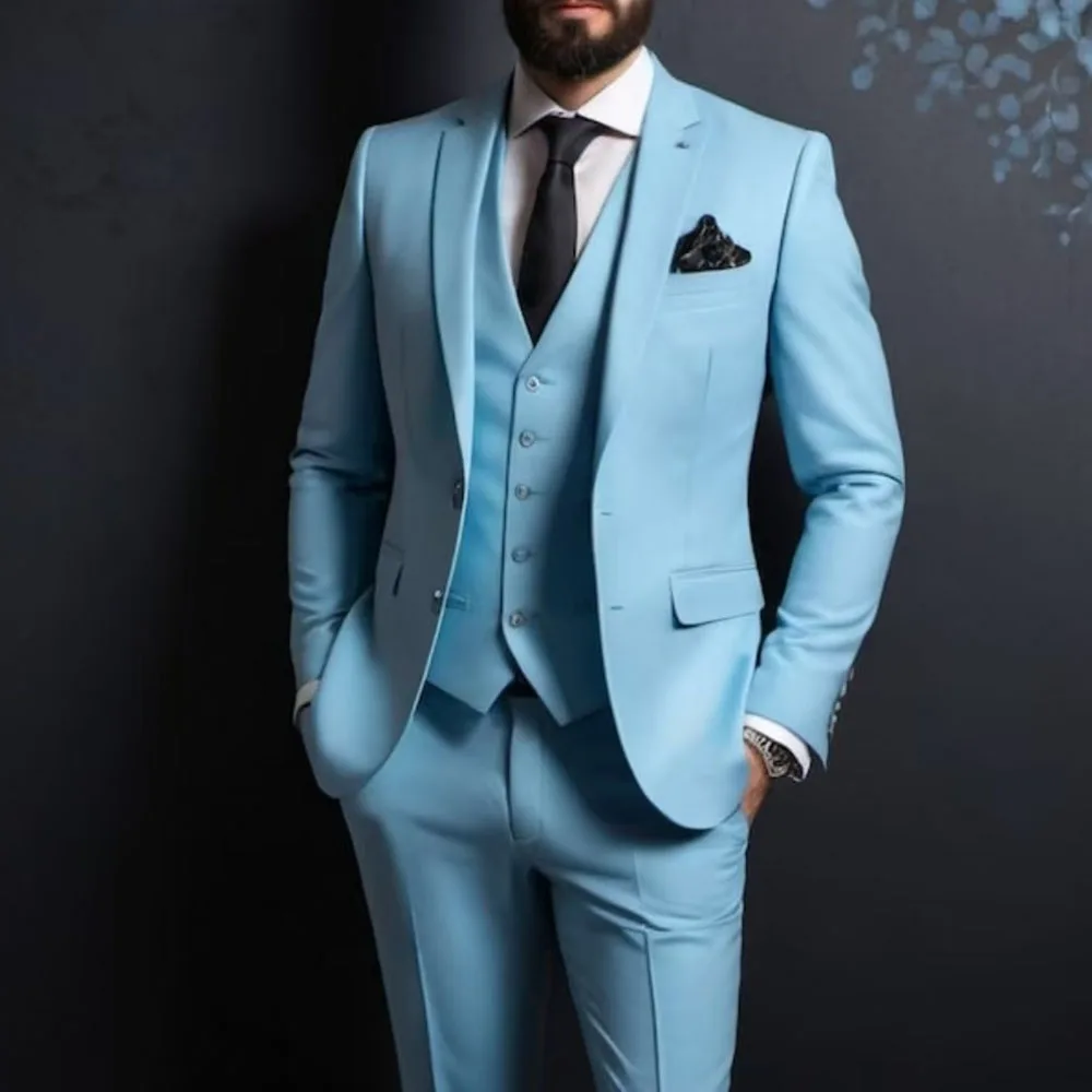 Elegant Wedding Blue Men Suits High Quality 3 Piece Jacket Pants Vest Single Breasted Notch Lapel Male Clothing Costume Homme