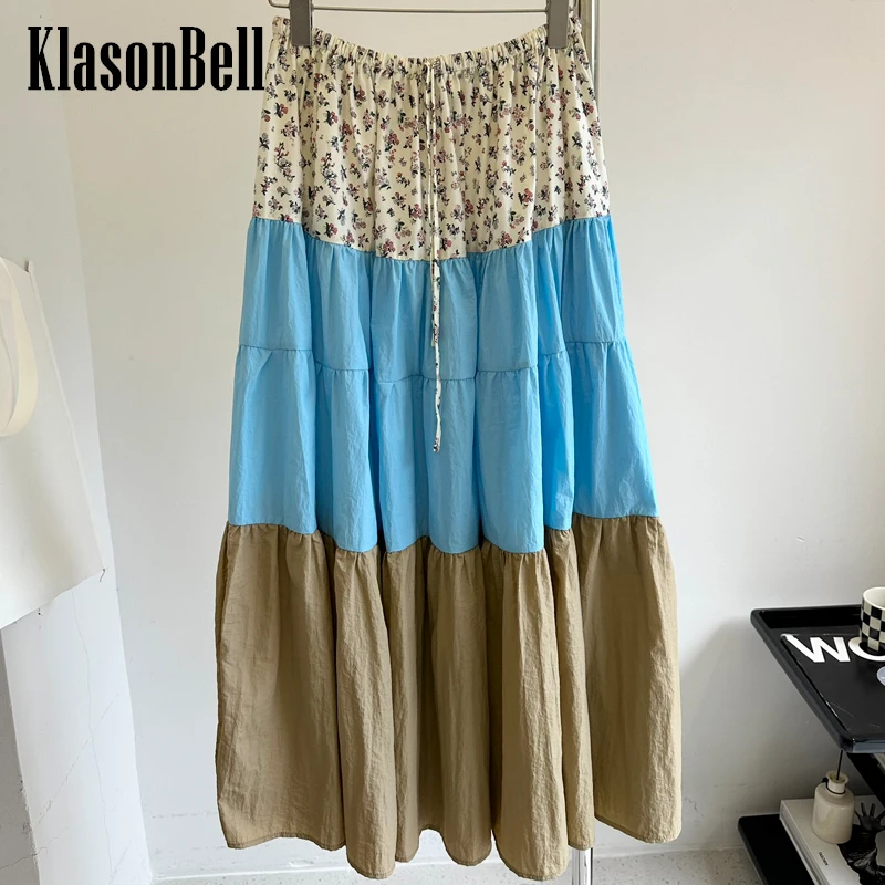 

5.17 KlasonBell 2024 Summer New Floral Print Spliced Contrast Color Long Skirt For Women Drawstring Waist All-matches Skirt