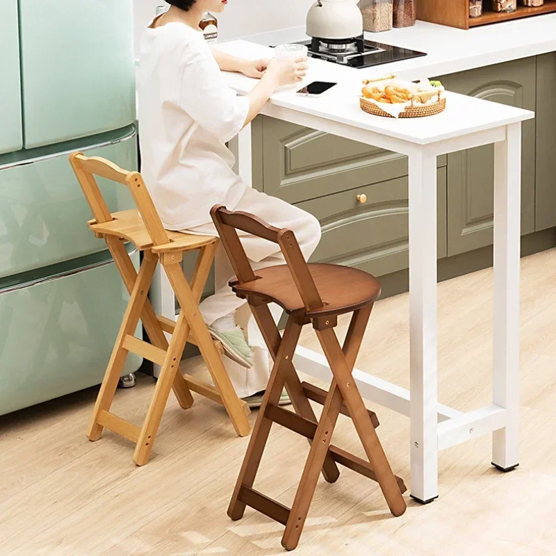 Bamboo Foldable Bar Chair Sturdy Portable Space Saving High Counter Stool with Backrest Dining Coffee Shop Nordic Furniture