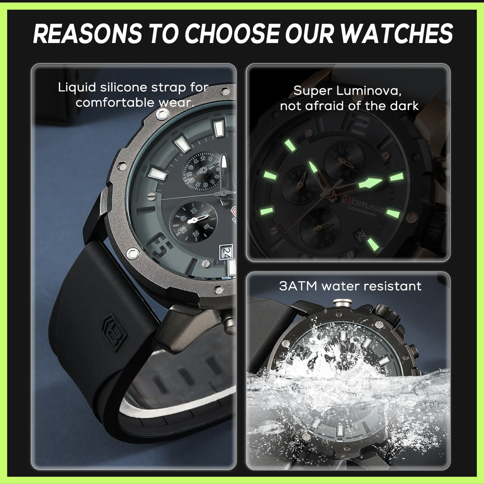BORUSE Mens Watches Top Brand Luxury Silicone Watch Men Casual Sports Waterproof Luminous Clock Relogio Masculino+BOX