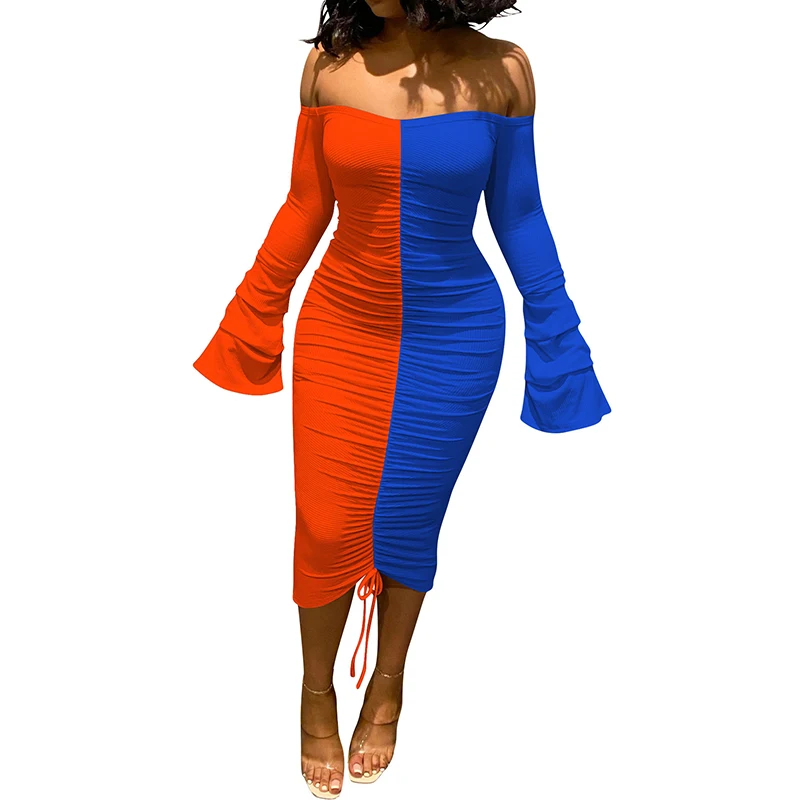 African Sheath Dress Women Flare Sleeve Off The Shoulder Robes Fashion New Patchwork Drawstring Sexy Long African Dress Vestidos