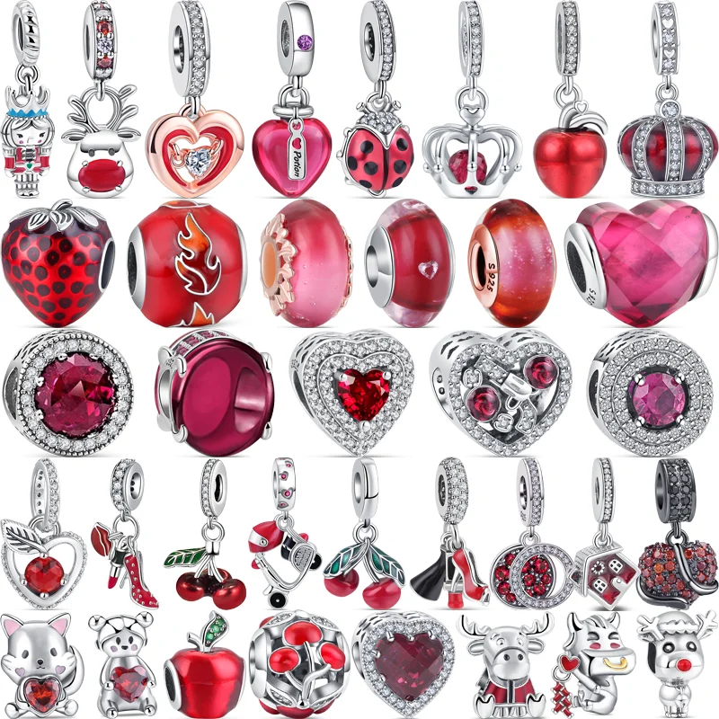 100% 925 Sterling Silver Red Murano Glass Zircon Apple Cherry Crown Heart Beads Fit Original Pandora Charms Bracelet DIY Jewelry bisaer pink murano glass 925 sterling silver charms authentic beads fit original bracelet necklace diy jewelry making hsc1496