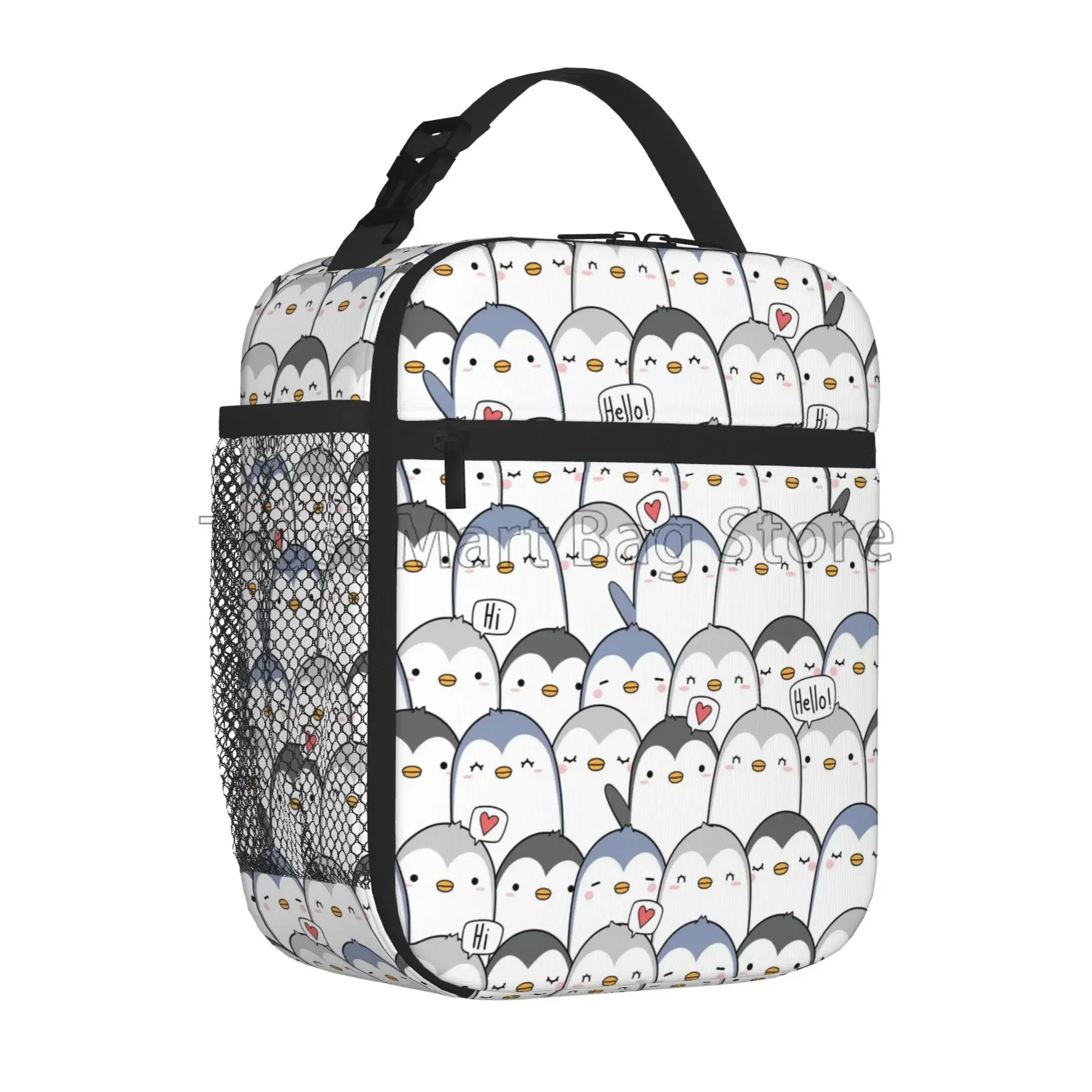 Cute Penguin Greeting Insulated Lunch Box Reusable Portable Lunch Bag Thermal Cooler Bento Tote for Boys Girls Women School Work