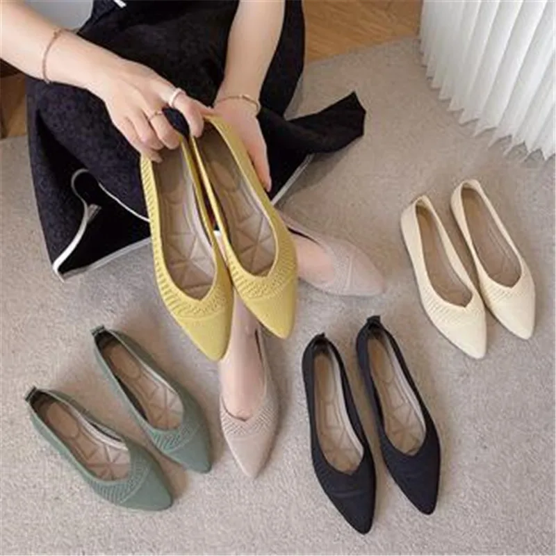 

Stretch Fabric Women Ballet Flats Shoes Woman Spring Summer 2023 BowKnot Pointed Boat Shoes Knitted Driving Loafers Moccasins