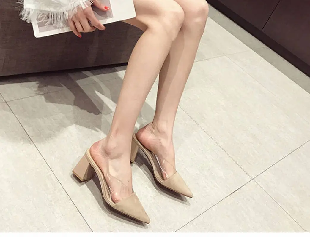 Summer Women's Pointy High Heels Half Support Transparent Fashion Thick Heel Sandals Root Women's Shoes