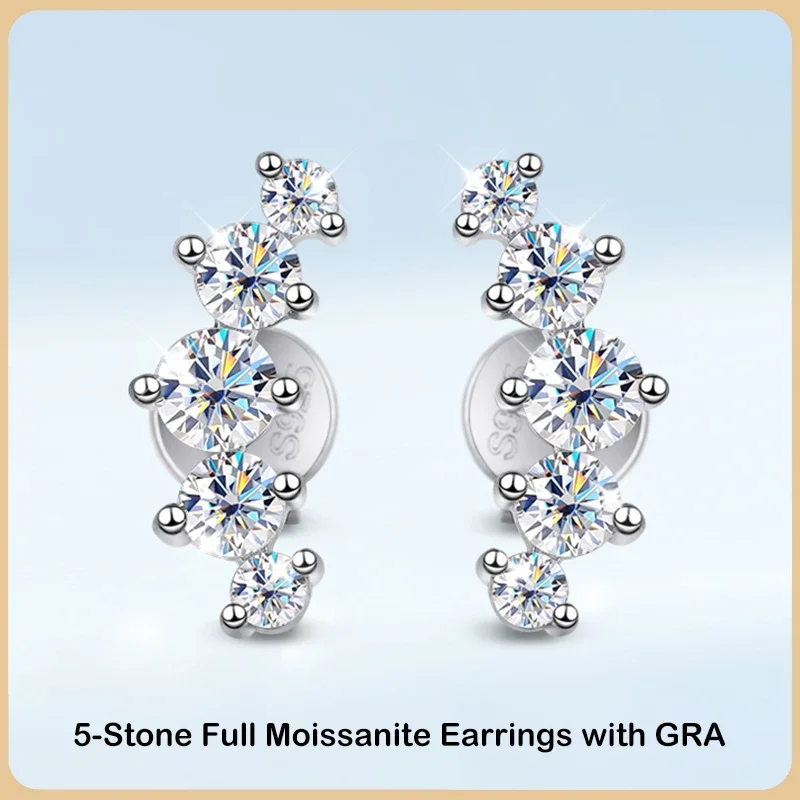100% Real 0.74Ct 5-Stone Moissanite Orecchini A Bottone Per Le Donne Ragazze S925 Sterling Silver Diamond Earring Party Fine Jewelry