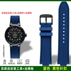 Elegant Leather and Rubber Hybrid Watchband - 21mmx12mm (Blue - black A)