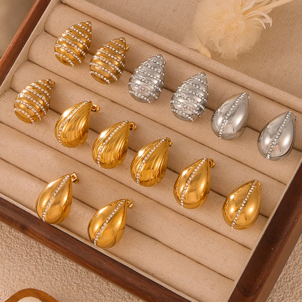 Glänzende Oberfläche Ohrringe Set für Frauen Vintage Mode 18k plattiert Edelstahl cz Ohr stecker Hochzeits schmuck Großhandel – Detail 6