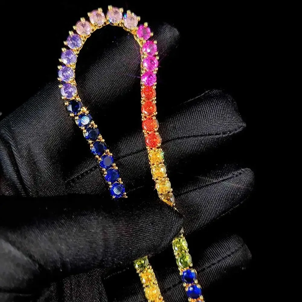 Custom Tennis Necklace 5mm Round Color Gemstone Rainbow Iced Out Zircon Icy Chain Gift for Men Women