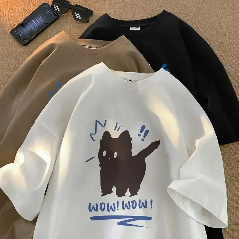 

2024 Summer Casual Retro Kitten Print Short Sleeved American Street Men and Women Loose Design Trend Graphic T-shirt Harajuku