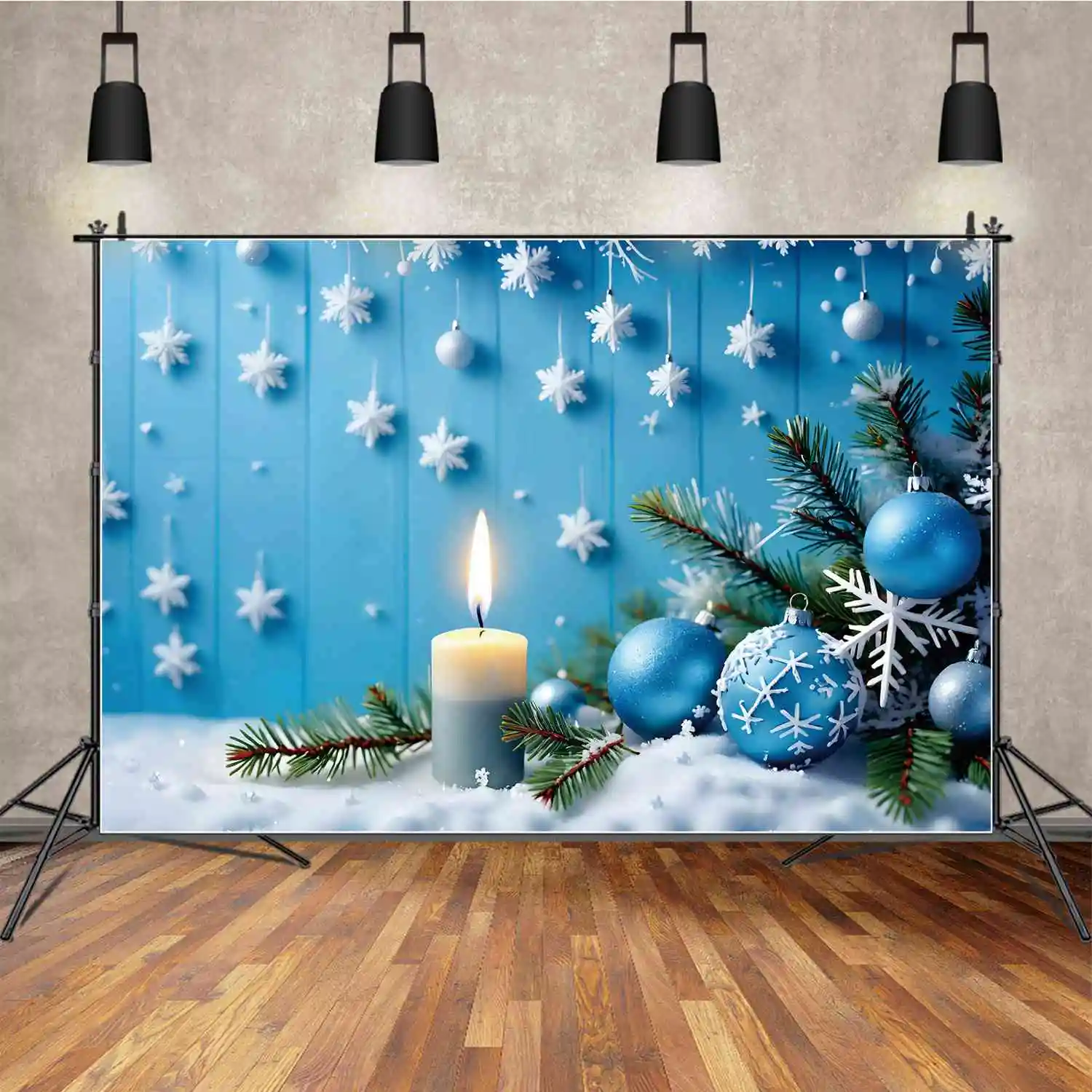 Moon.Qg Fondale Natale Snow Blue Plank Photography Background Wood Board Star Pine Ball Candle Light Decor Studio Photozone