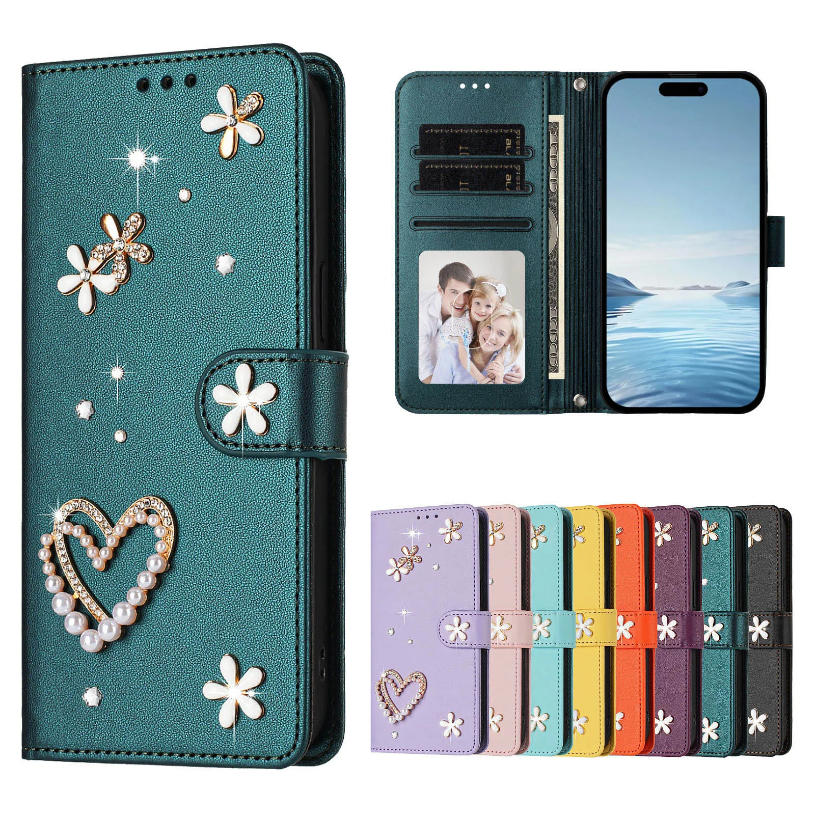 Sparkling Jeweled Leather Phone Case with Lanyard and Cardholder Wallet