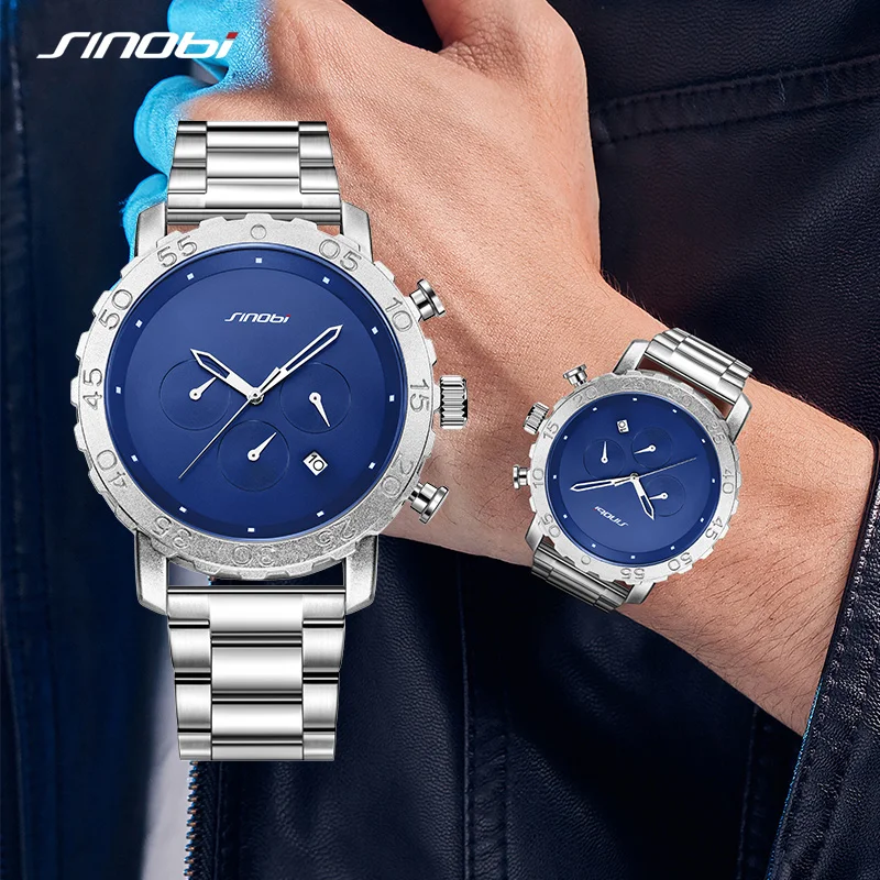 SINOBI Watches for Men Fashion Brand 45MM Big Dial Quartz Watch Mens Stainless Wrist Watch Waterproof Luminous Chronograph Watch