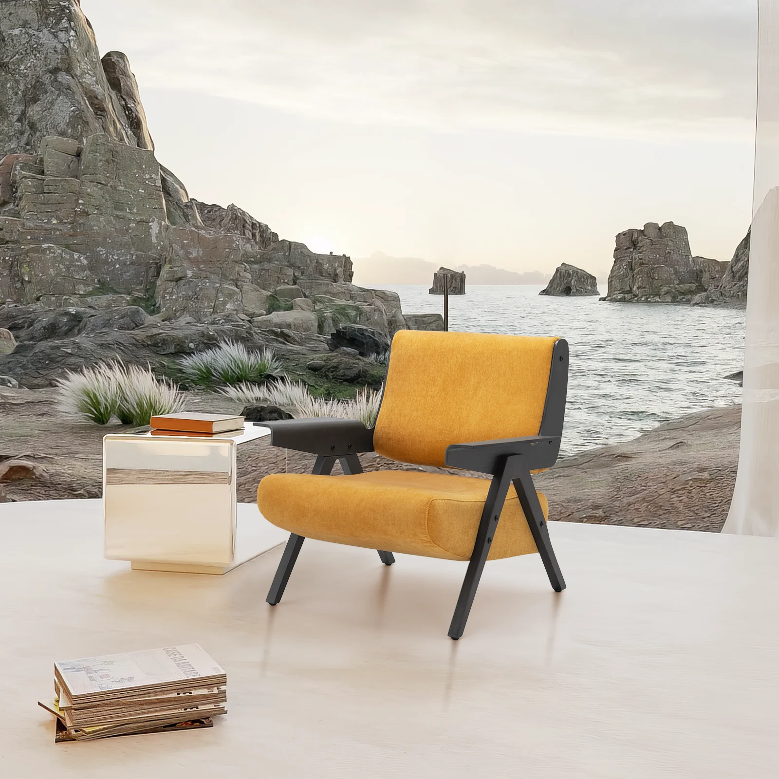 Mid Century Accent Chair Upholstered Armchair with Solid Wood Frames Removable Cushions Retro Leisure Chair for Living Room