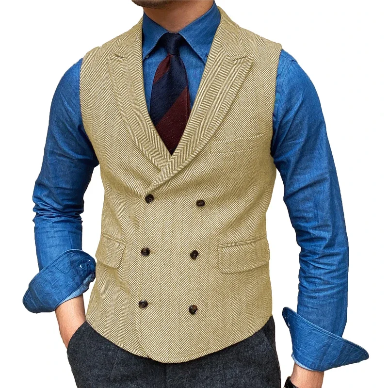 Mens Wool Brown Retro Lapel Neck Waistcoat Casual Formal Pocket Business Slim Fit Vest Groomman For Wedding Working