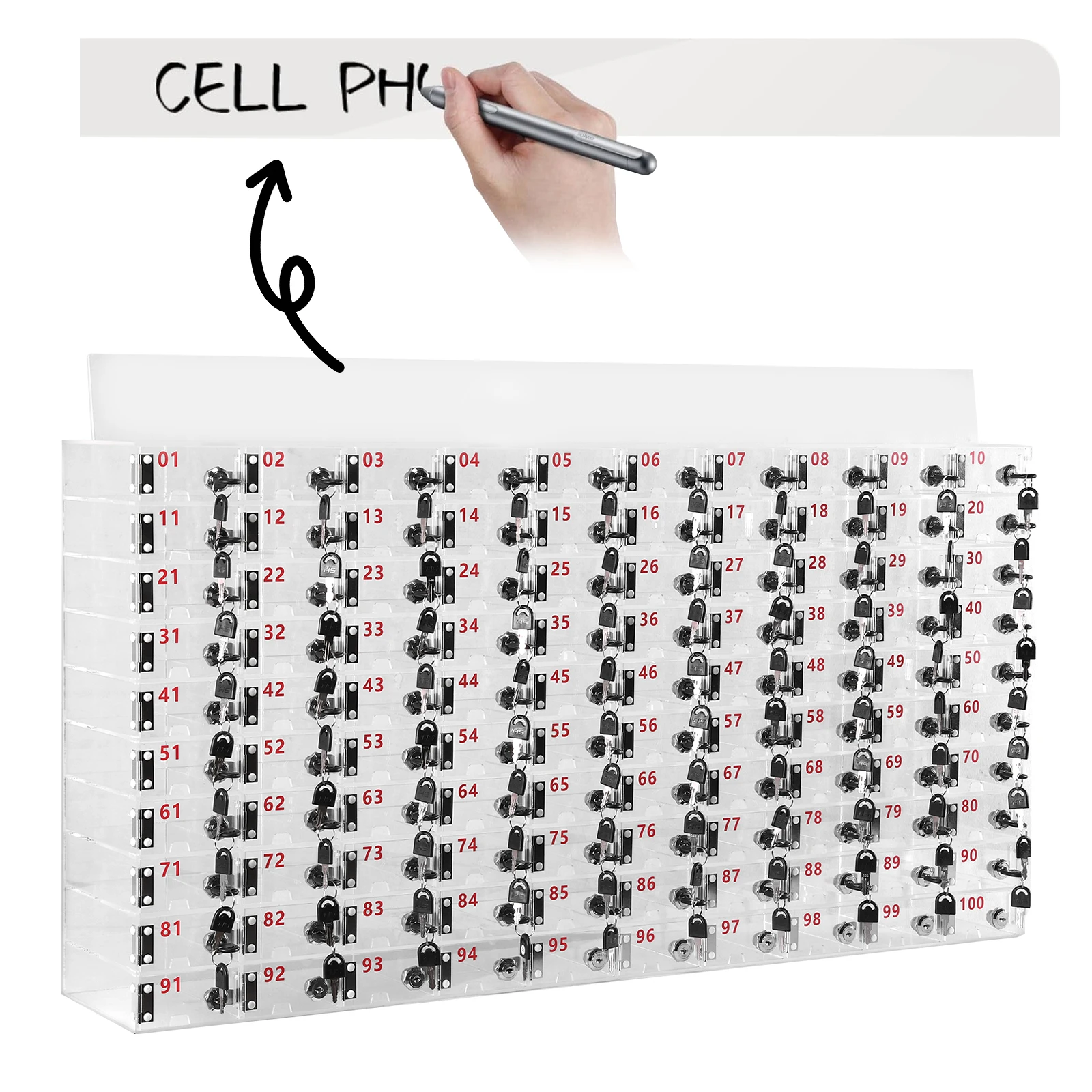 100 Slots Cell Phone Locker Box with Door Locks and Keys Clear Acrylic Phone Storage Cabinet for Classroom