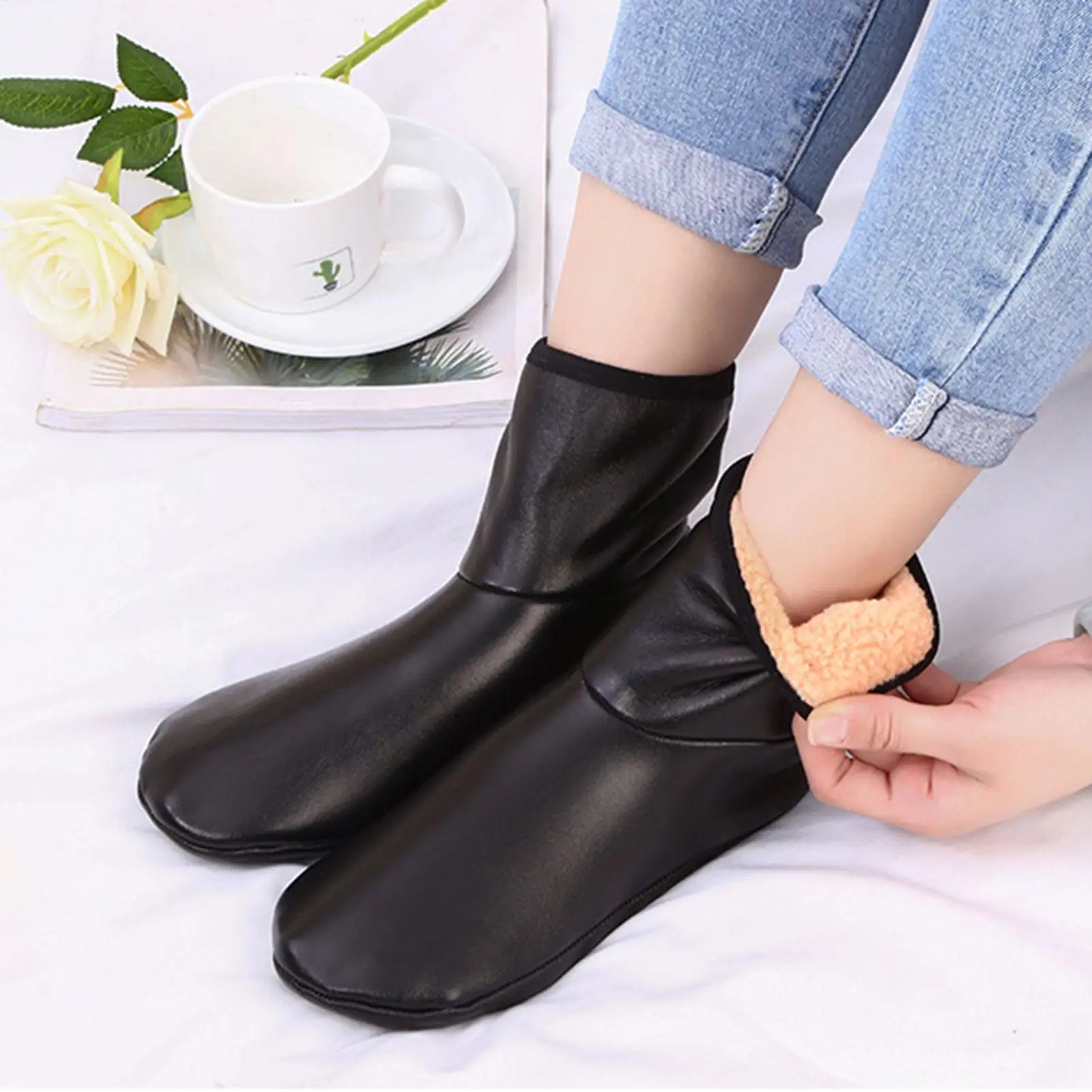 Leather Socks Waterproof Fleece Lined Indoor Outdoor Slip Resistant Footwear for Hiking Camping Home Office Winter Warmth waterproof socks