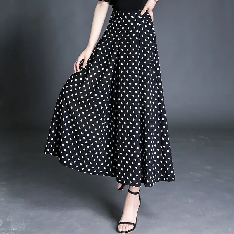 Summer New Fashion Simple Elegant High Waist Chiffon Wide Leg Pants Women Print Polka Dot Loose Casual Straight Trousers 2024