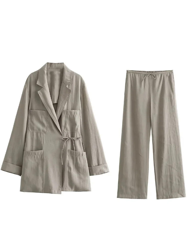 Willshela Women Fashion Two Piece Set Grey Lace Up Coats With Pockets & Vintage Drawstring Trousers Feamle Chic Lady Pants Sets
