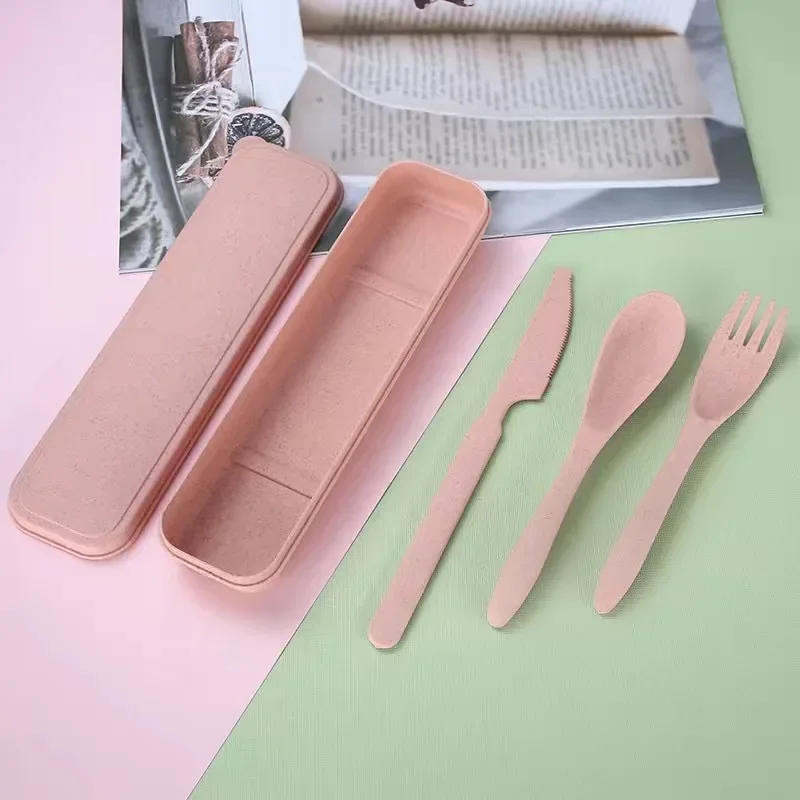 Cutlery Set Western Style Cutlery Set Picnic Cutlery Set Picnic Tableware Camping Cutlery Set Colorful Wheat Straw Knife Fork Spoon Set with Storage Box Outdoor Camping Portable Plastic Tableware Student Lunch Cutlery Set