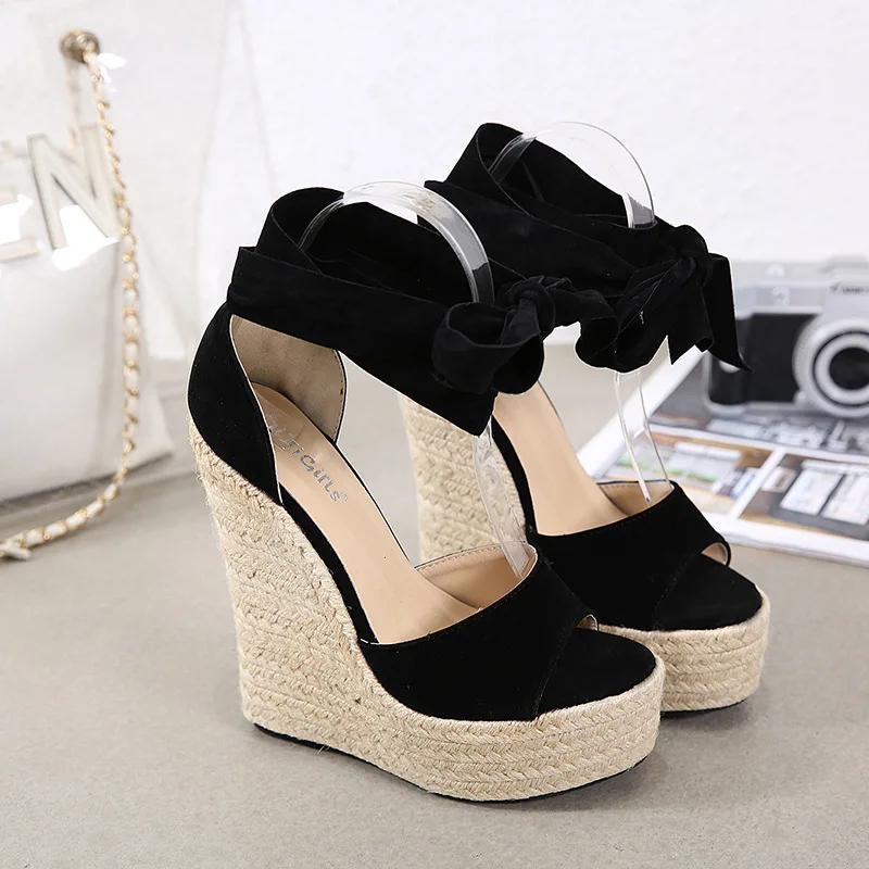 Ladies Sandals Women Shoes Cloth Solid Color Slope Heel Round Shape Thick Bottom Increase Roman Platform