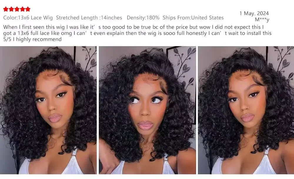220% Dichte 14 Zoll Lockige Kurze Bob-Perücke Echthaar Bob-Perücken Tiefe Welle 13x4 HD Lace Closure Perücke Echthaar-Perücke Tief Lockige Perücke – Detail 1
