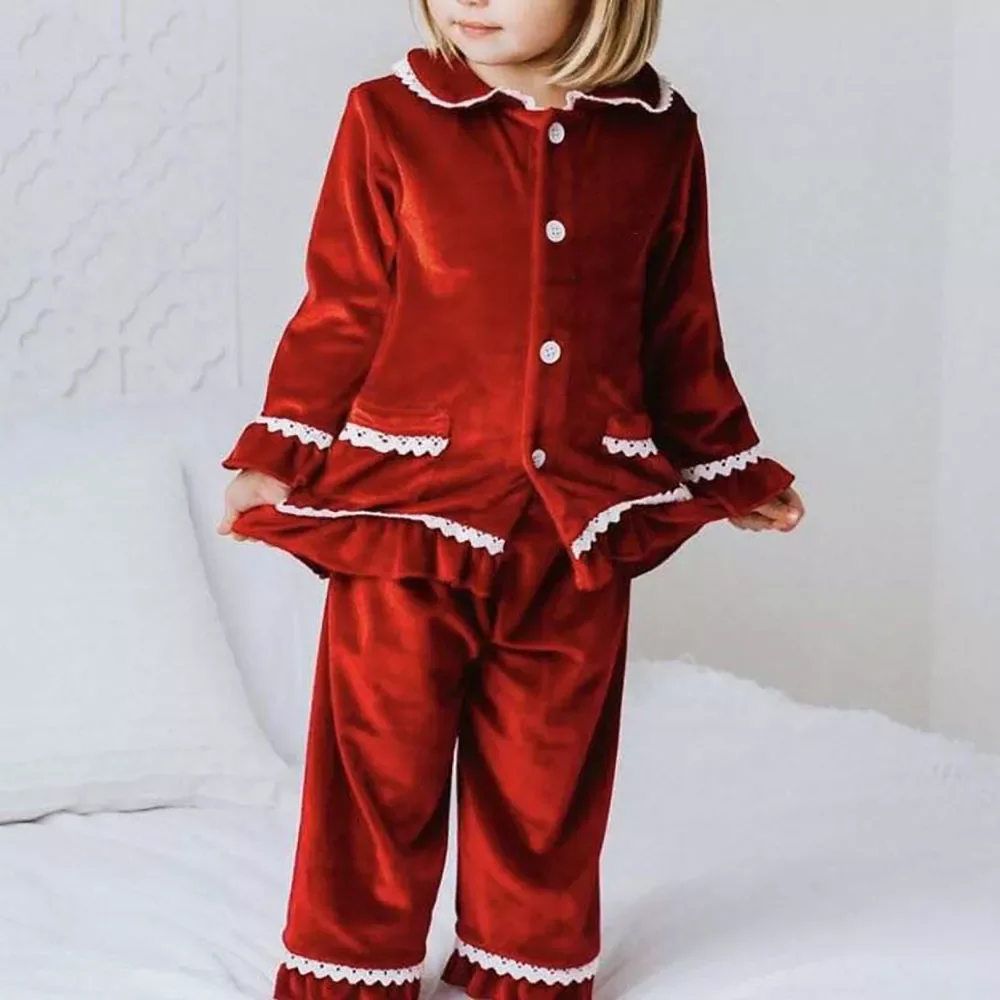 Kids Pajamas Set Red Christmas Baby Boy Girl Warm Family Pyjamas Sets Golden Velvet