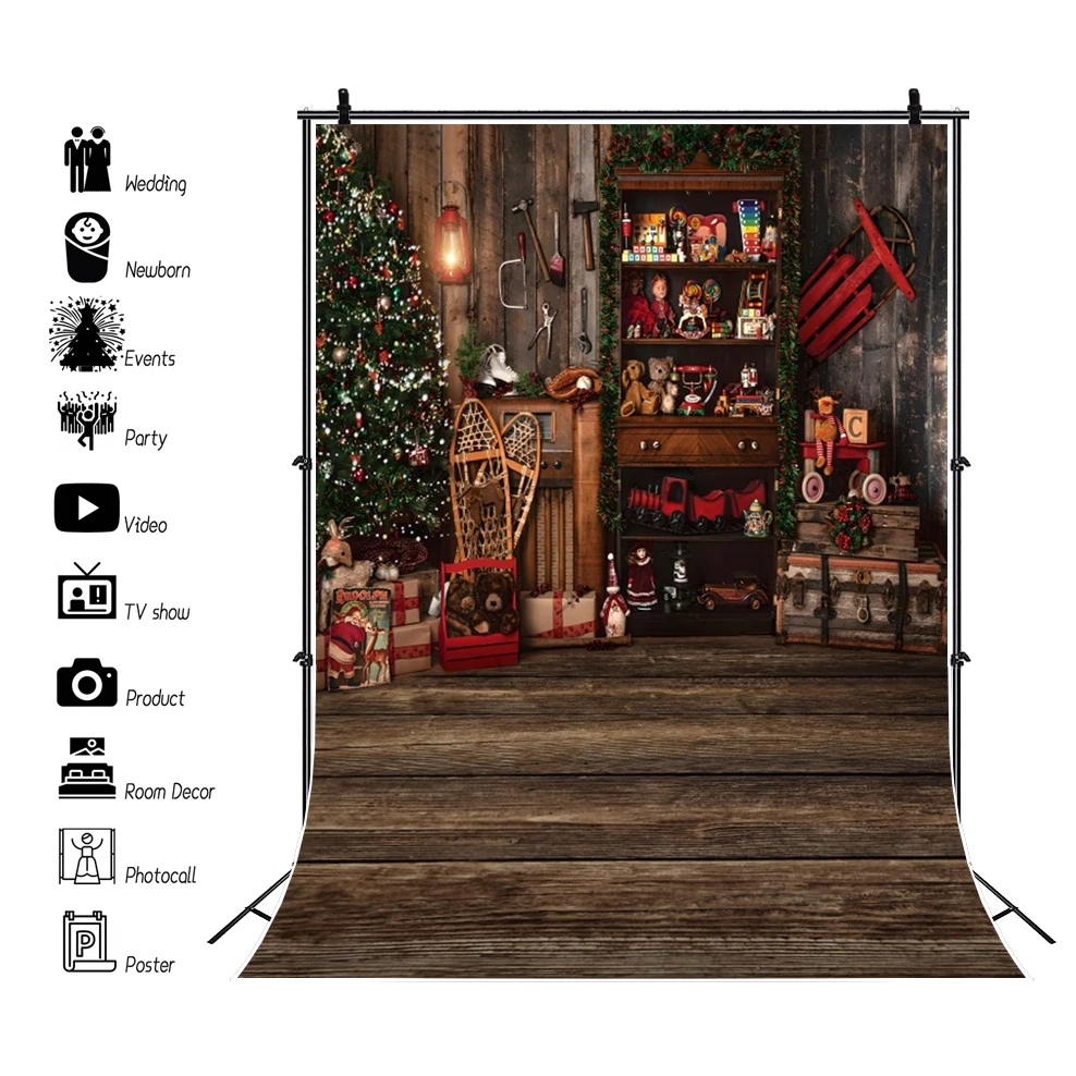 

Christmas Backdrop 2023 Toys Store Xmas Tree Gifts Wooden Floor Baby Birthday Party Family Portrait Photography Background Decor