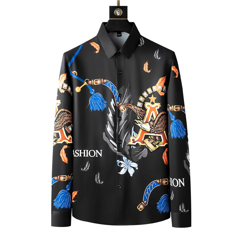 

Luxury 3D Printed Rhinestone Men's Shirt High Quality Slim Fit Casual Long Sleeved Shirts Social Party Prom Blouse Men Clothing